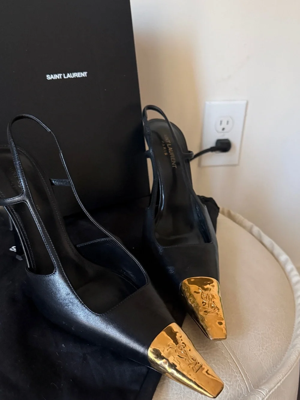 Saint Laurent Black Leather Slingback Pumps with Gold Cap Toe - Picture 3 of 3